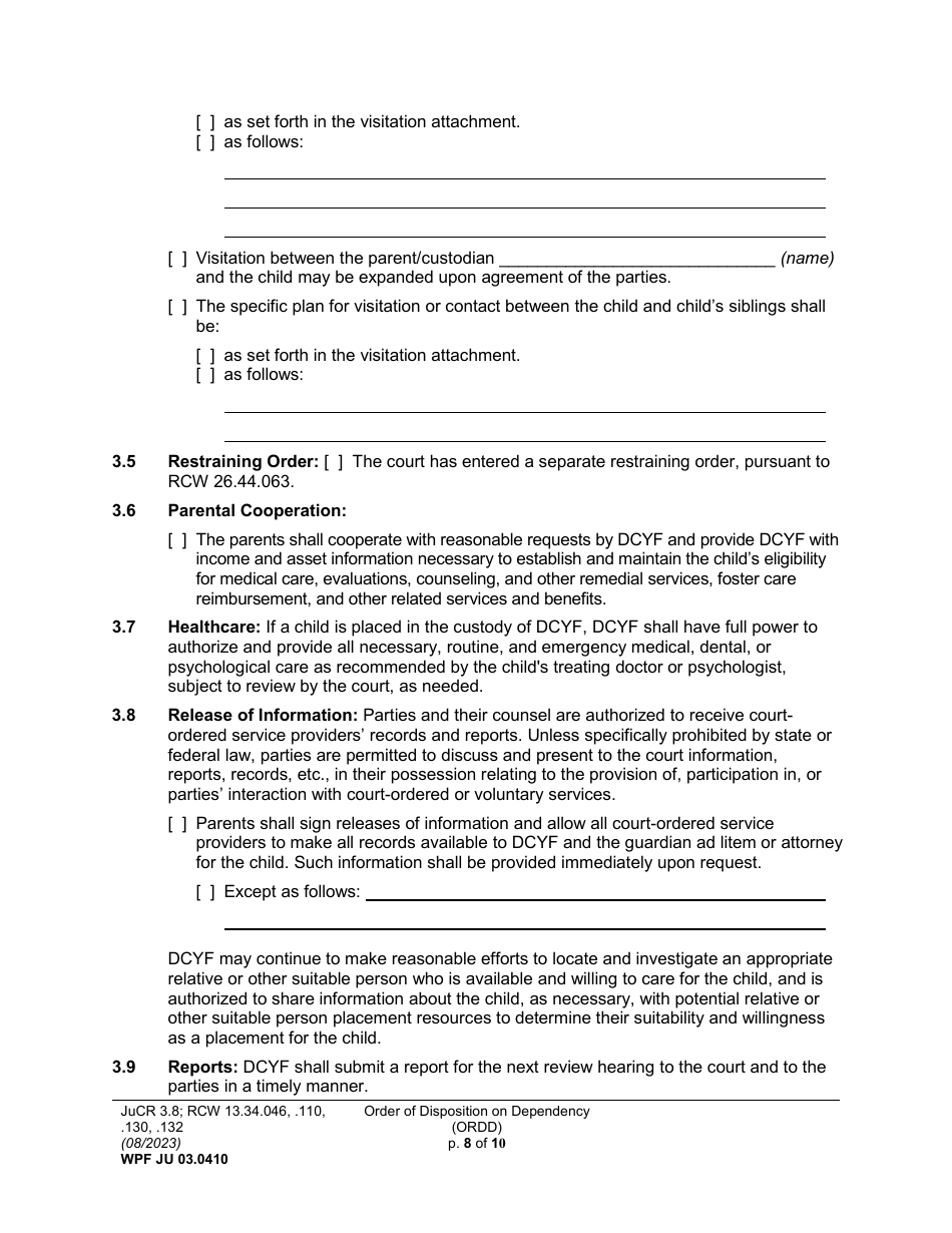 Form WPF JU03.0410 Order of Disposition on Dependency (Ordd) - Washington, Page 8