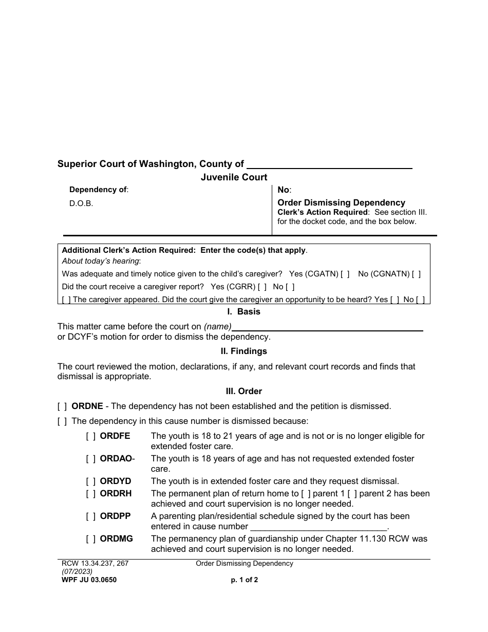 Form WPF JU03.0650 Order Dismissing Dependency - Washington, Page 1