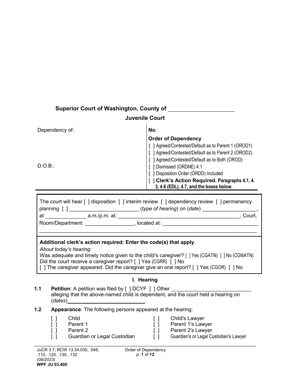 Form WPF JU03.0400 Order of Dependency (Orodm) (Orodf) (Orod) (Ordne) (Ordd) - Washington, Page 1