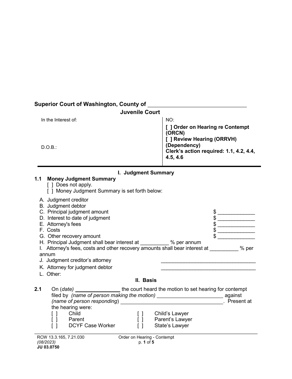 Form JU03.0750 Order on Hearing Re Contempt / Review Hearing (Orcn) (Orrvh) - Washington, Page 1