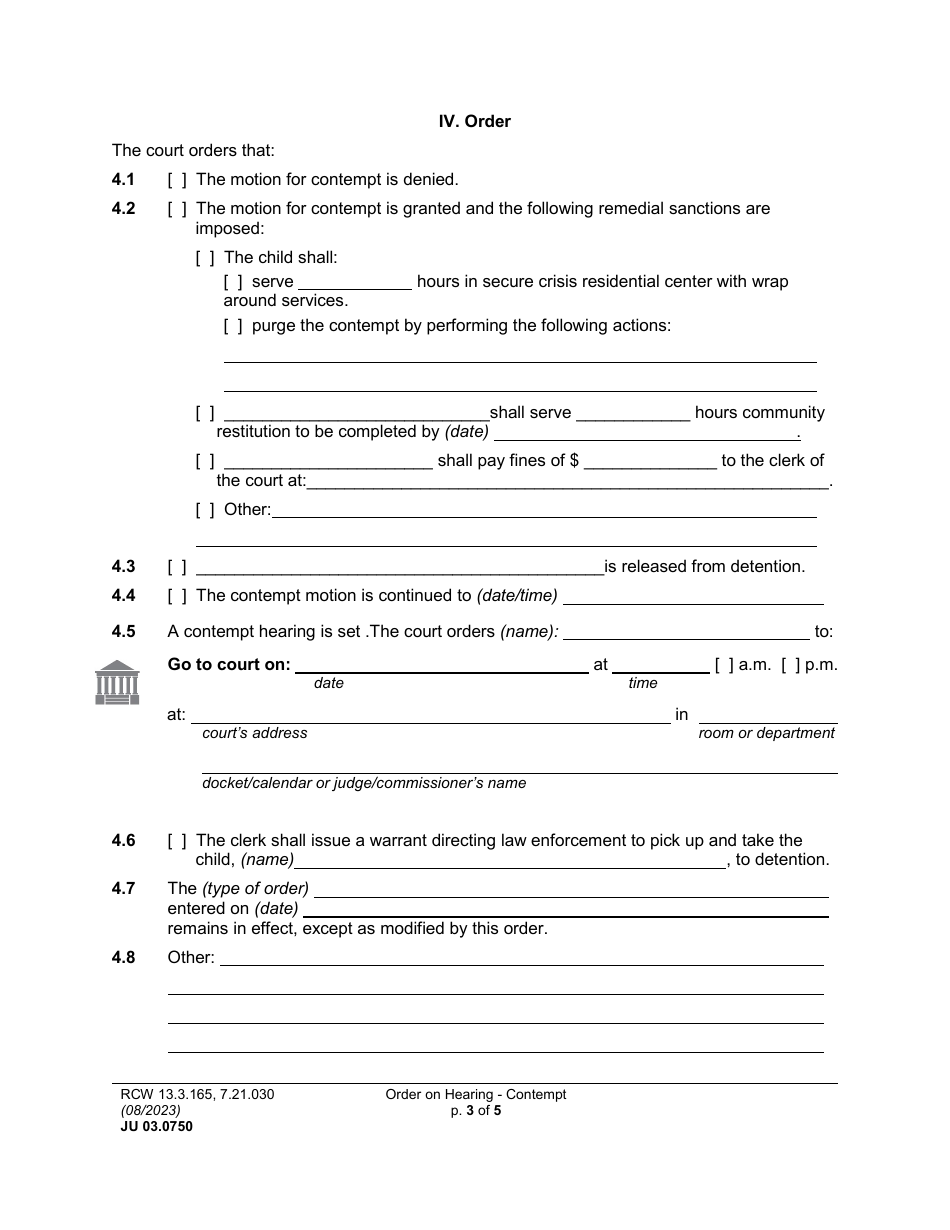Form JU03.0750 Order on Hearing Re Contempt / Review Hearing (Orcn) (Orrvh) - Washington, Page 3