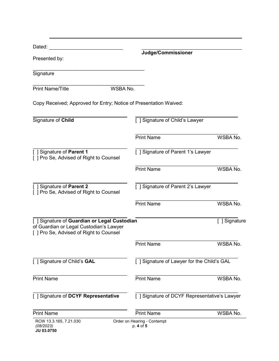 Form JU03.0750 Order on Hearing Re Contempt / Review Hearing (Orcn) (Orrvh) - Washington, Page 4