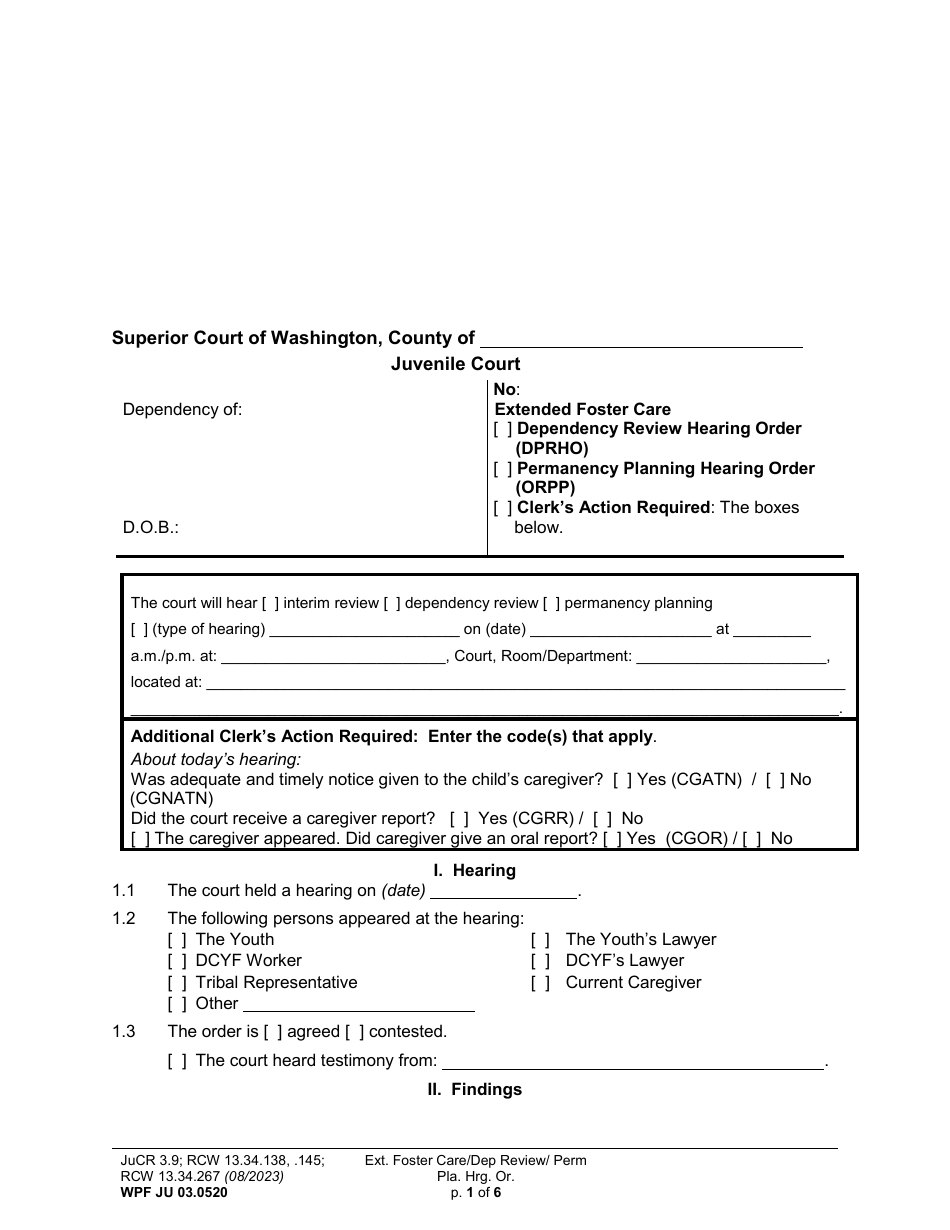 Form WPF JU03.0520 Extended Foster Care / Dependency Review Hearing Order (Dprho) / Permanency Planning Hearing Order (Orpp) - Washington, Page 1