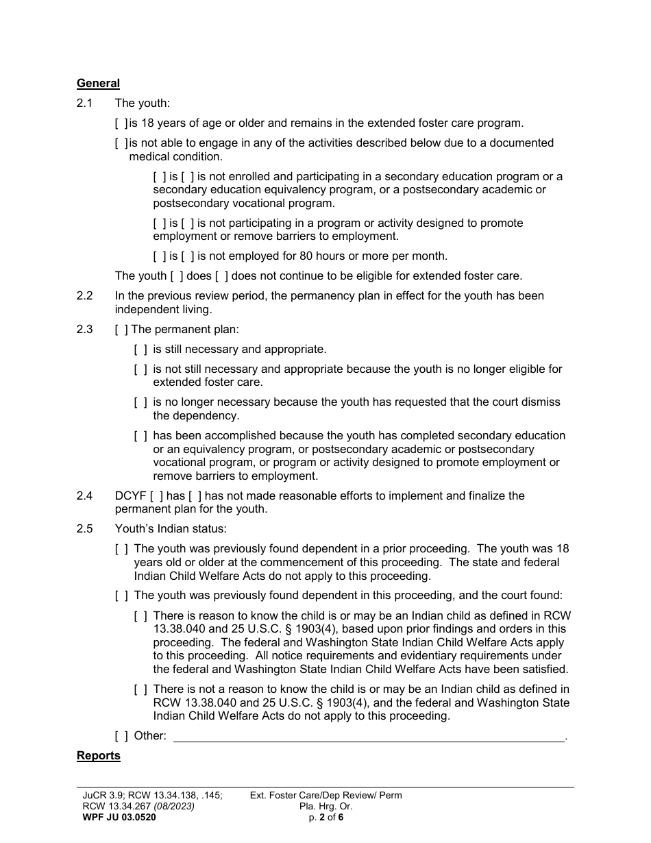 Form WPF JU03.0520 Extended Foster Care / Dependency Review Hearing Order (Dprho) / Permanency Planning Hearing Order (Orpp) - Washington, Page 2