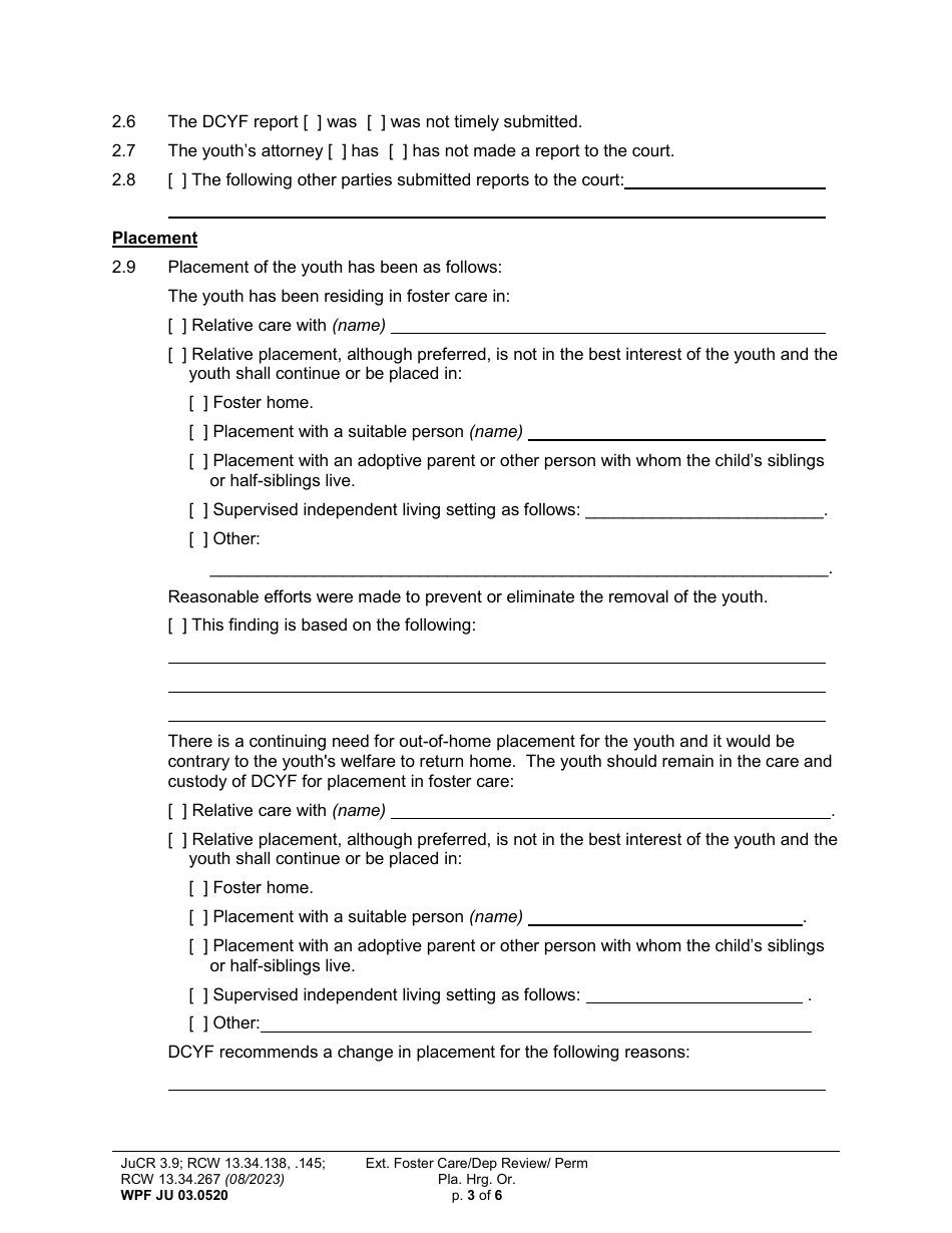 Form WPF JU03.0520 Extended Foster Care / Dependency Review Hearing Order (Dprho) / Permanency Planning Hearing Order (Orpp) - Washington, Page 3