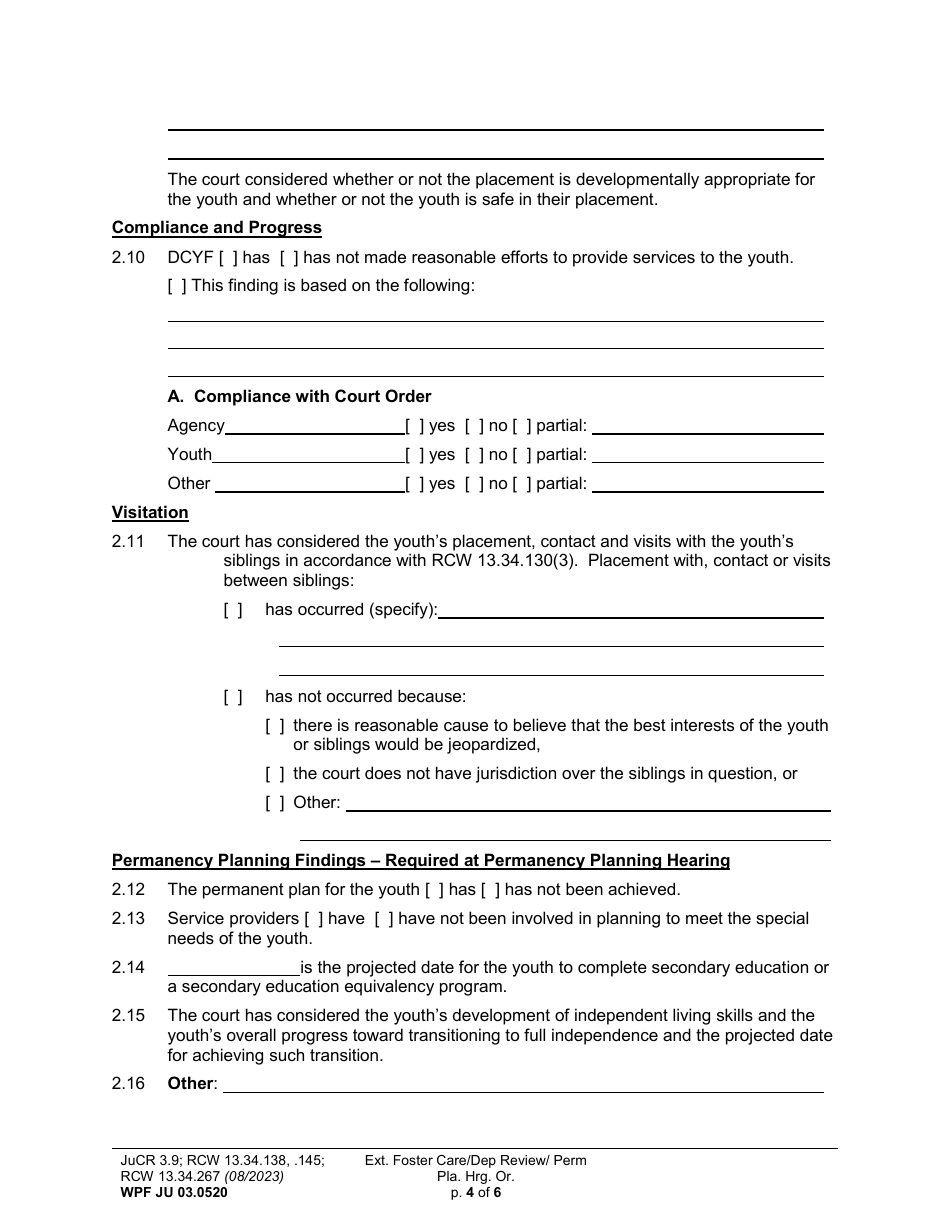 Form WPF JU03.0520 Extended Foster Care / Dependency Review Hearing Order (Dprho) / Permanency Planning Hearing Order (Orpp) - Washington, Page 4