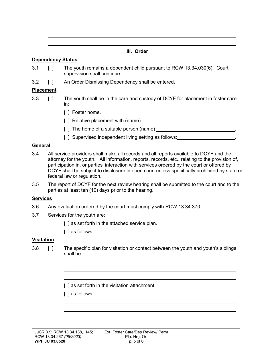 Form WPF JU03.0520 Extended Foster Care / Dependency Review Hearing Order (Dprho) / Permanency Planning Hearing Order (Orpp) - Washington, Page 5