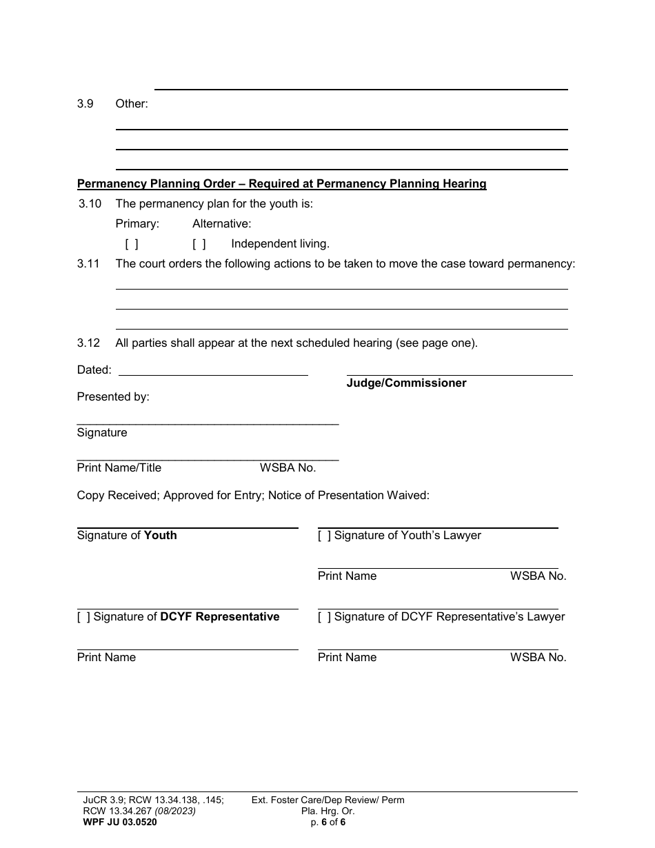 Form WPF JU03.0520 Extended Foster Care / Dependency Review Hearing Order (Dprho) / Permanency Planning Hearing Order (Orpp) - Washington, Page 6