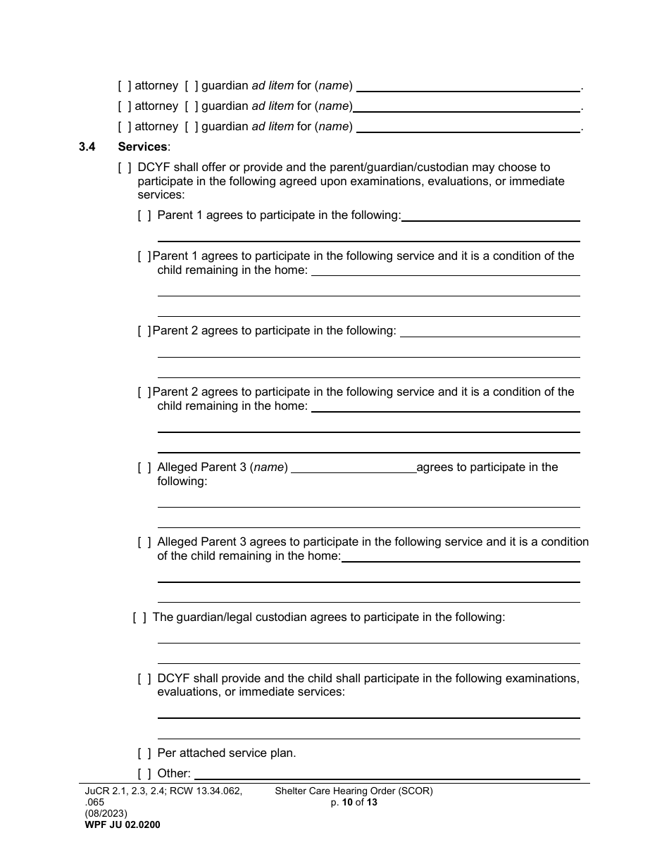 Form WPF JU02.0200 Shelter Care Hearing Order (Scor) - Washington, Page 10