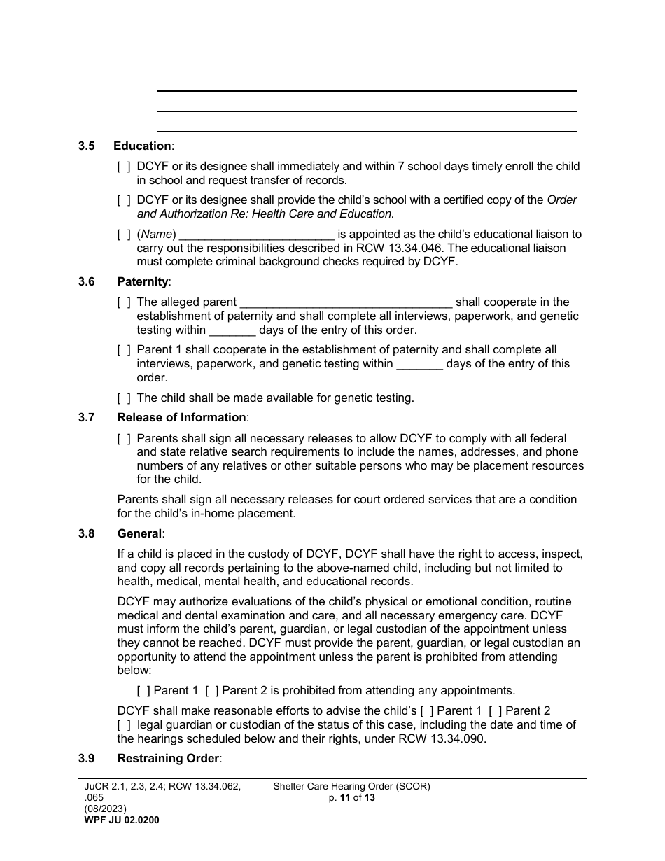 Form WPF JU02.0200 Shelter Care Hearing Order (Scor) - Washington, Page 11