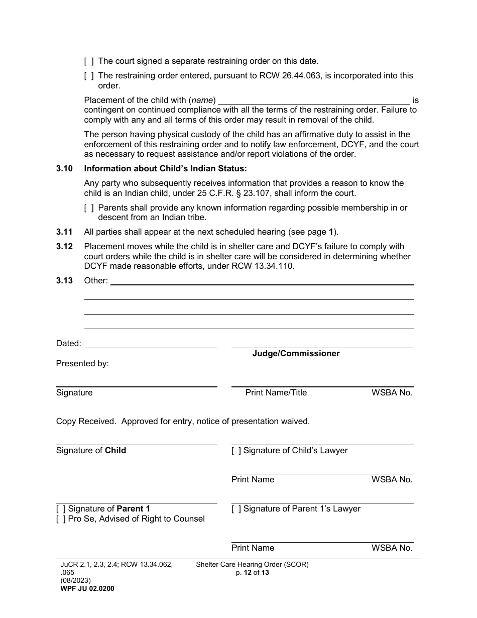 Form WPF JU02.0200 Shelter Care Hearing Order (Scor) - Washington, Page 12