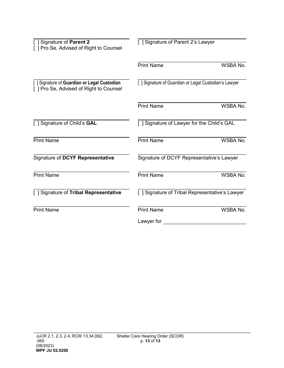 Form WPF JU02.0200 Shelter Care Hearing Order (Scor) - Washington, Page 13