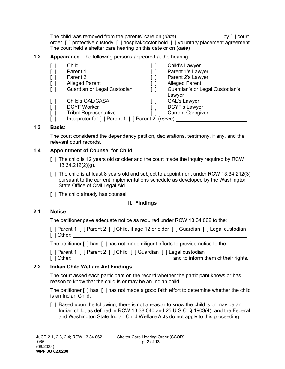 Form WPF JU02.0200 Shelter Care Hearing Order (Scor) - Washington, Page 2
