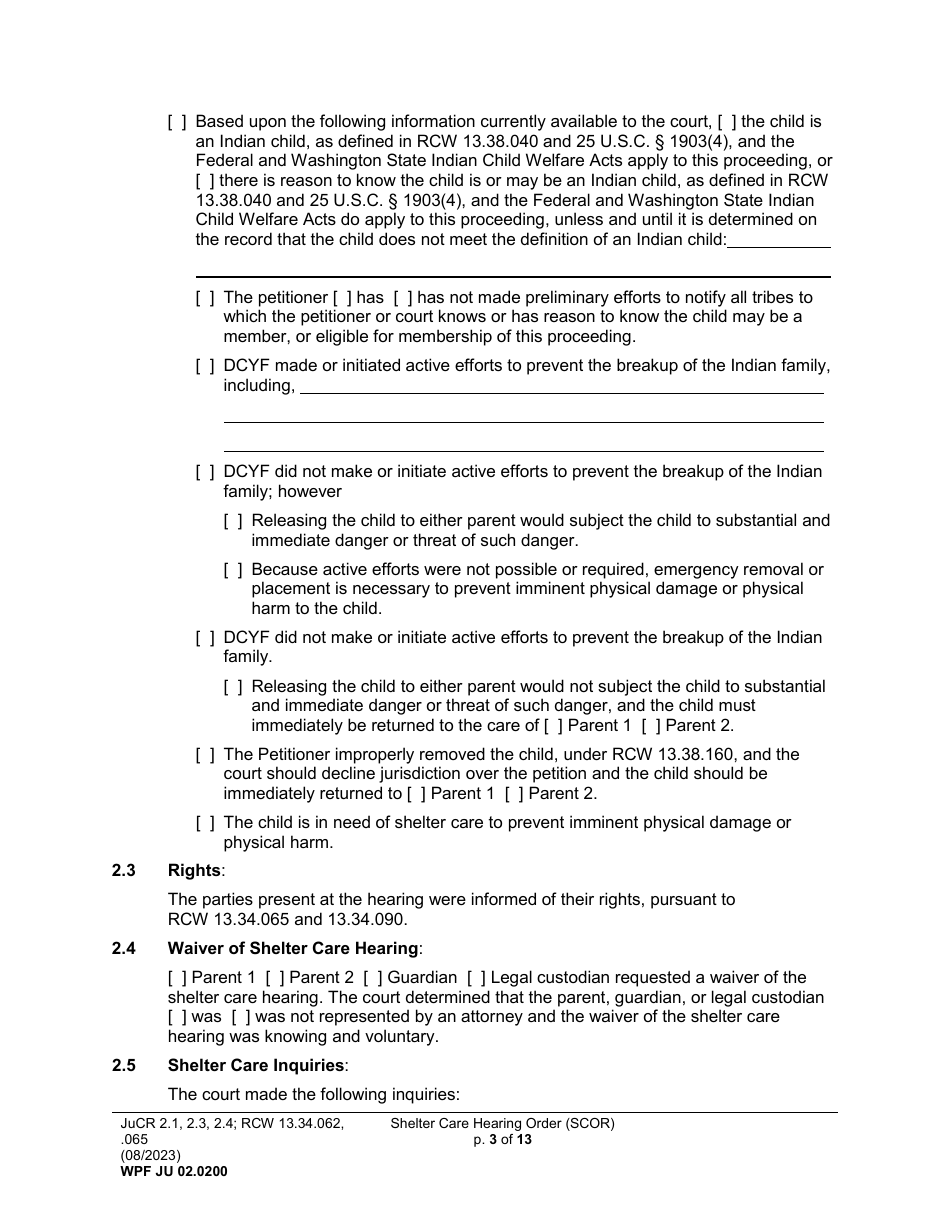 Form WPF JU02.0200 Shelter Care Hearing Order (Scor) - Washington, Page 3