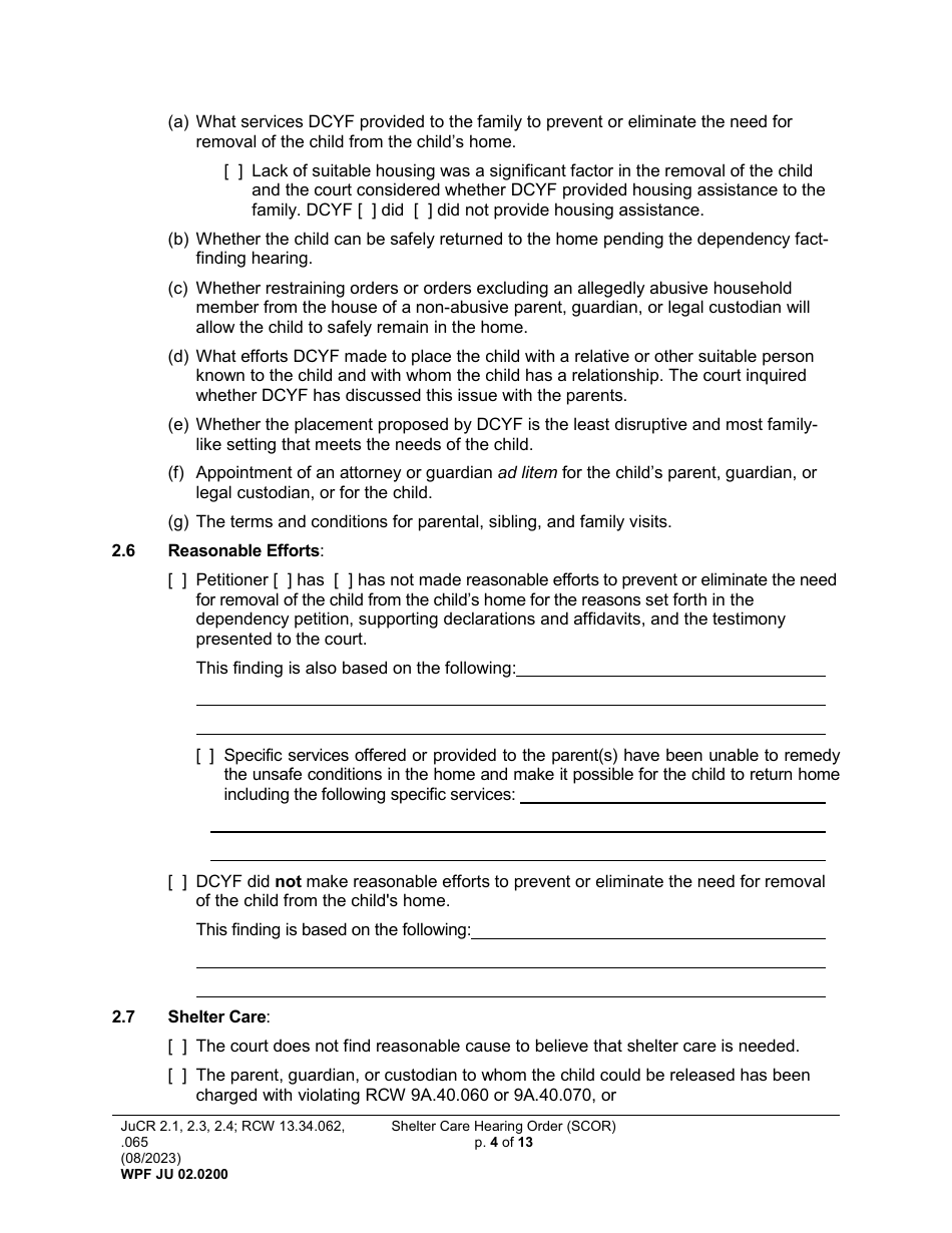 Form WPF JU02 0200 Download Printable PDF Or Fill Online Shelter Care Hearing Order Scor