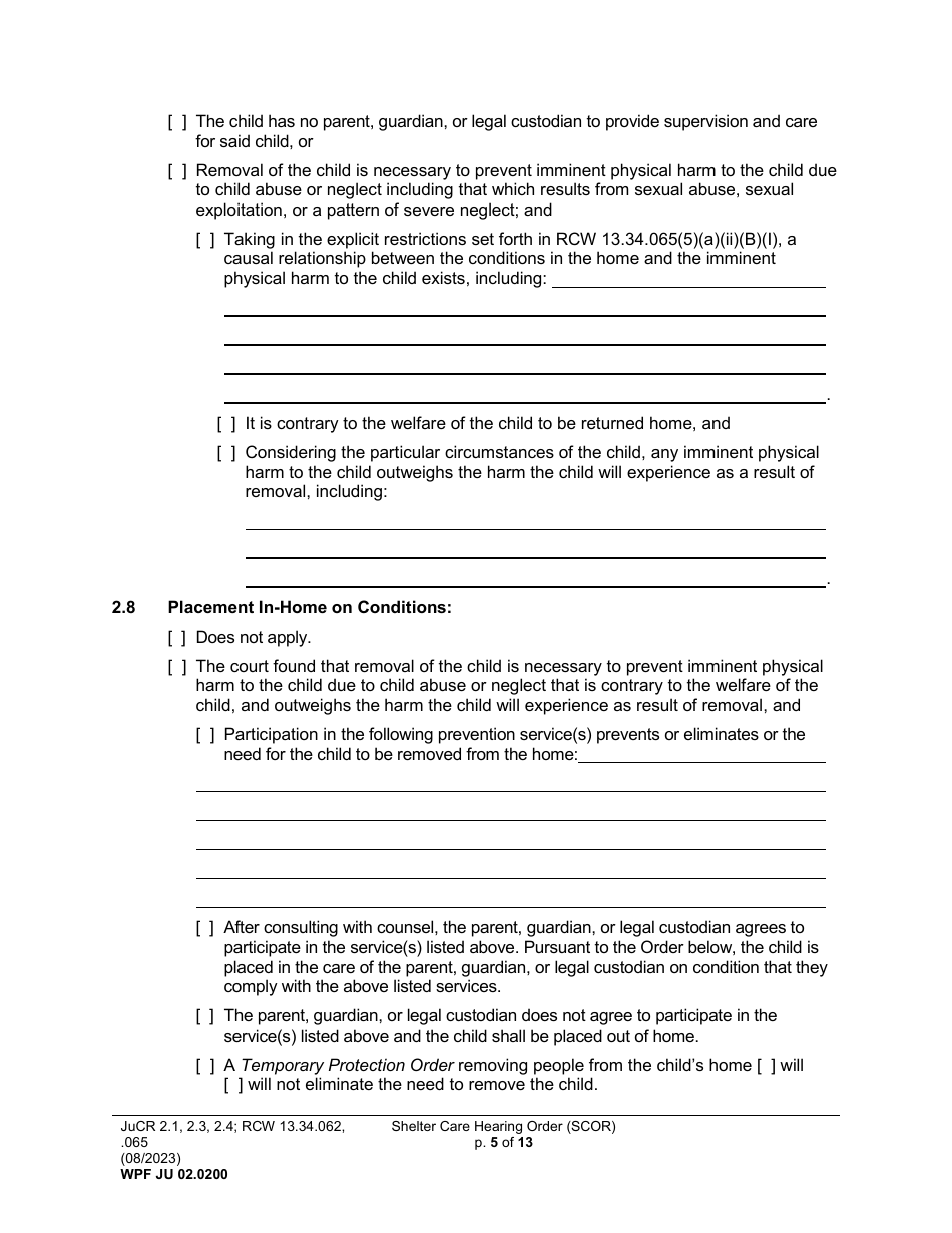 Form WPF JU02.0200 Shelter Care Hearing Order (Scor) - Washington, Page 5