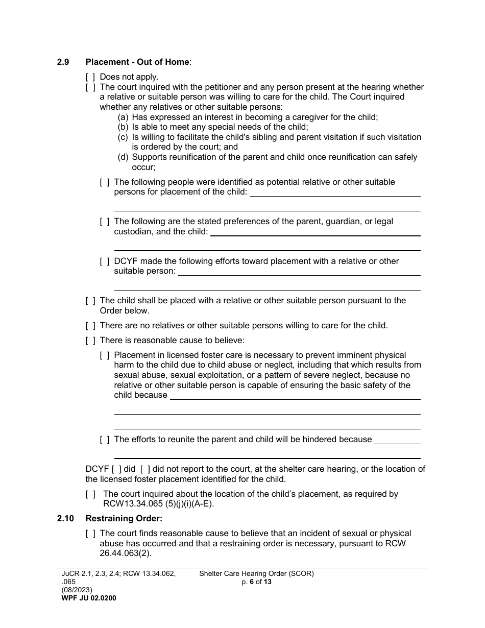 Form WPF JU02.0200 Shelter Care Hearing Order (Scor) - Washington, Page 6