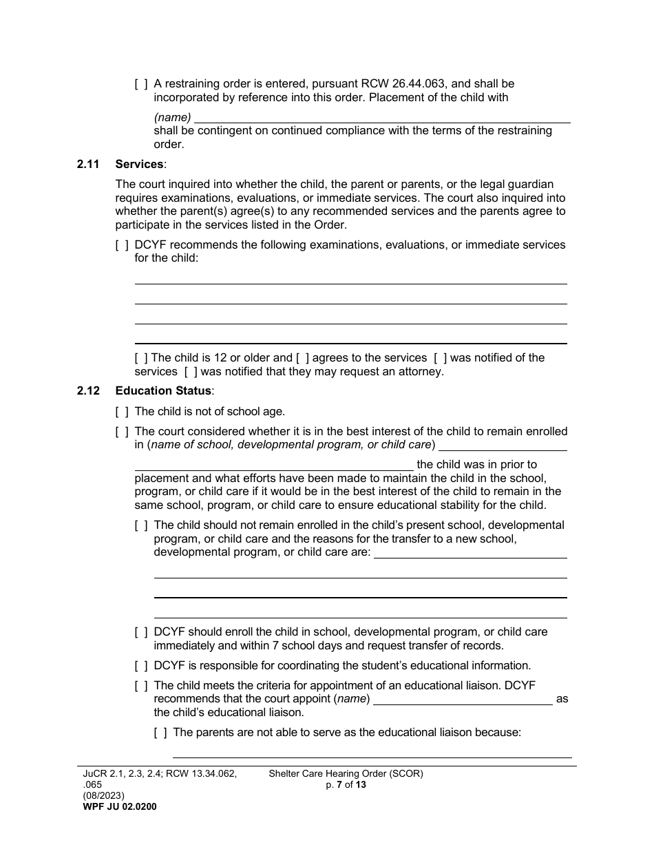 Form WPF JU02.0200 Shelter Care Hearing Order (Scor) - Washington, Page 7