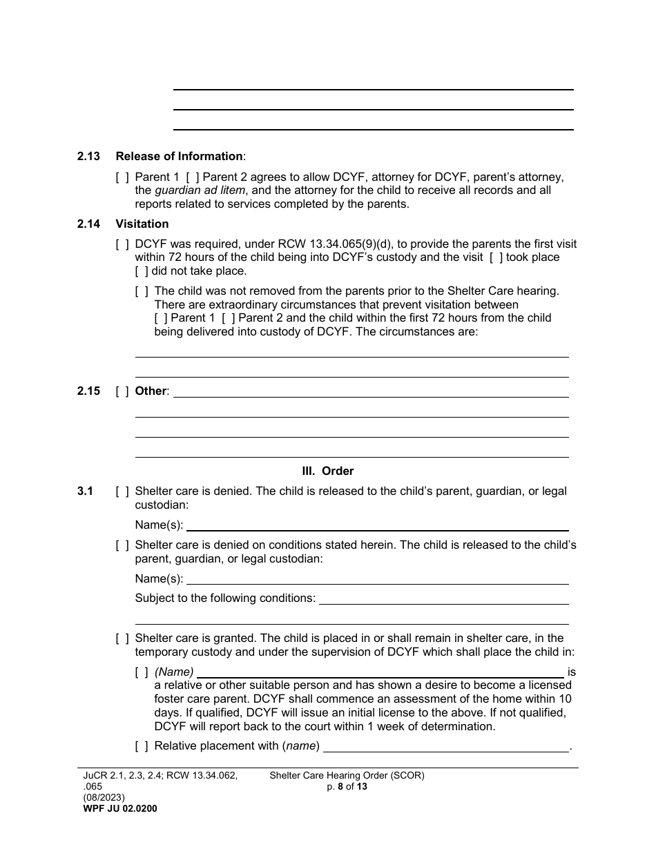 Form WPF JU02.0200 Shelter Care Hearing Order (Scor) - Washington, Page 8