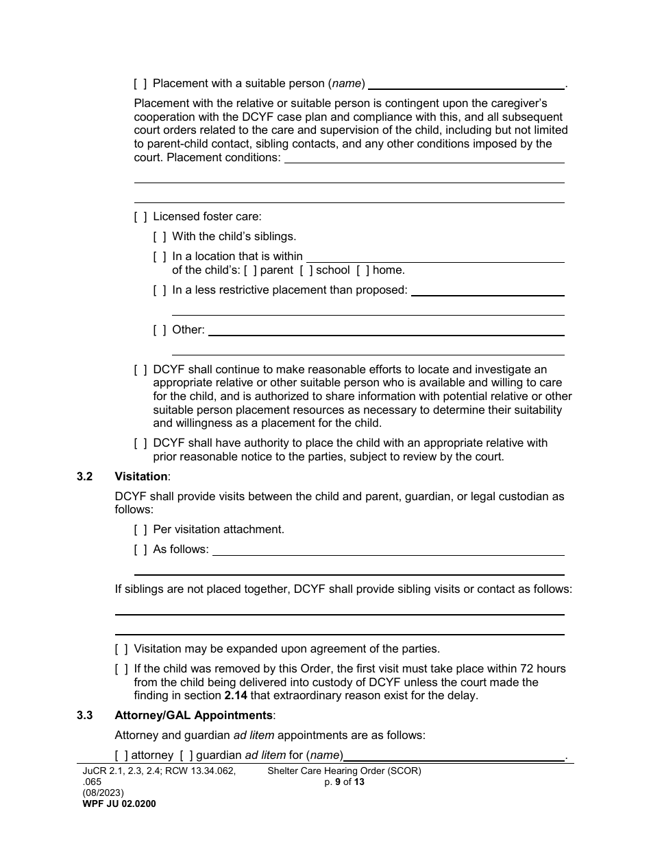Form WPF JU02.0200 Shelter Care Hearing Order (Scor) - Washington, Page 9