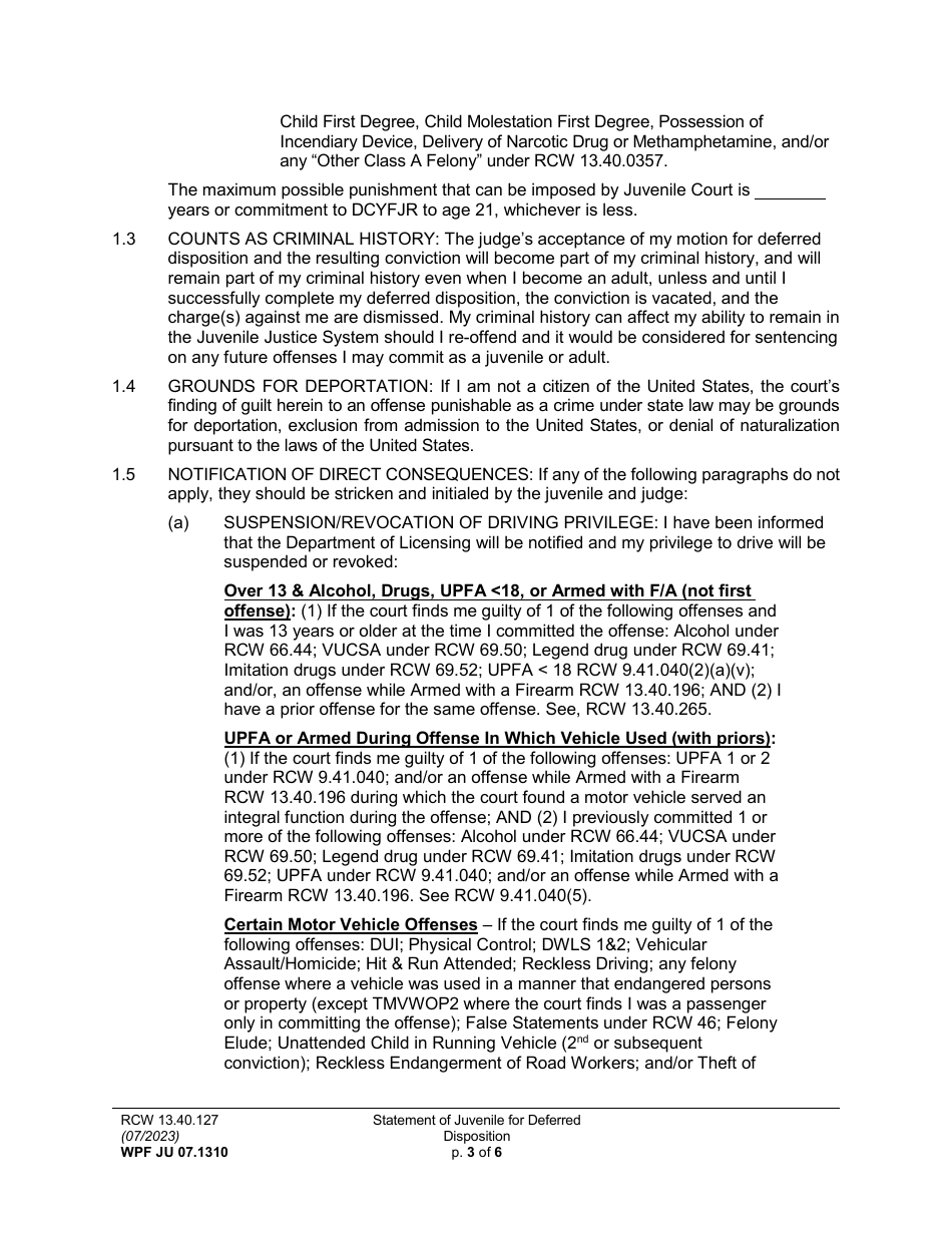 Form WPF JU07.1310 Statement of Juvenile for Deferred Disposition (Stjdd) - Washington, Page 3