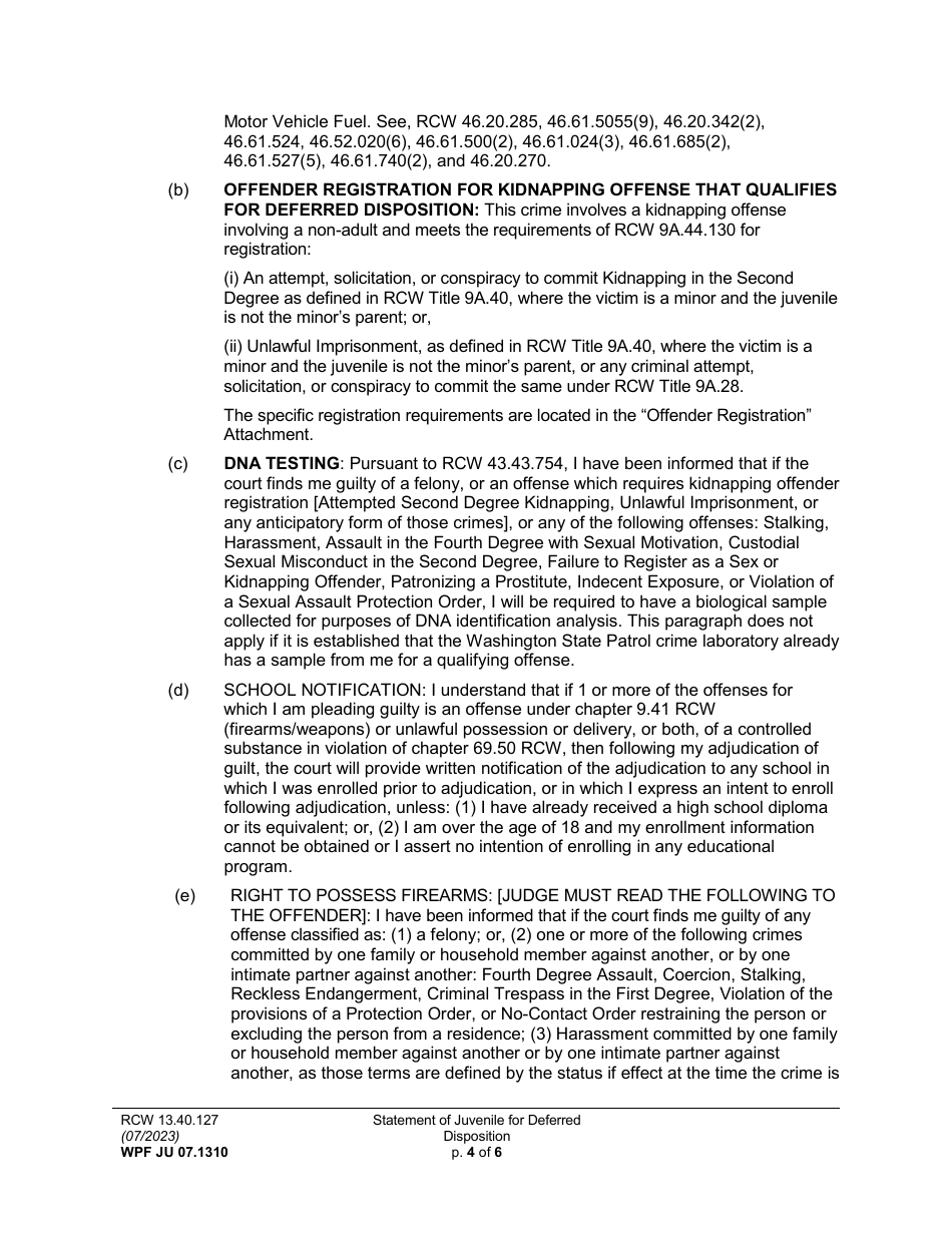 Form WPF JU07.1310 Statement of Juvenile for Deferred Disposition (Stjdd) - Washington, Page 4