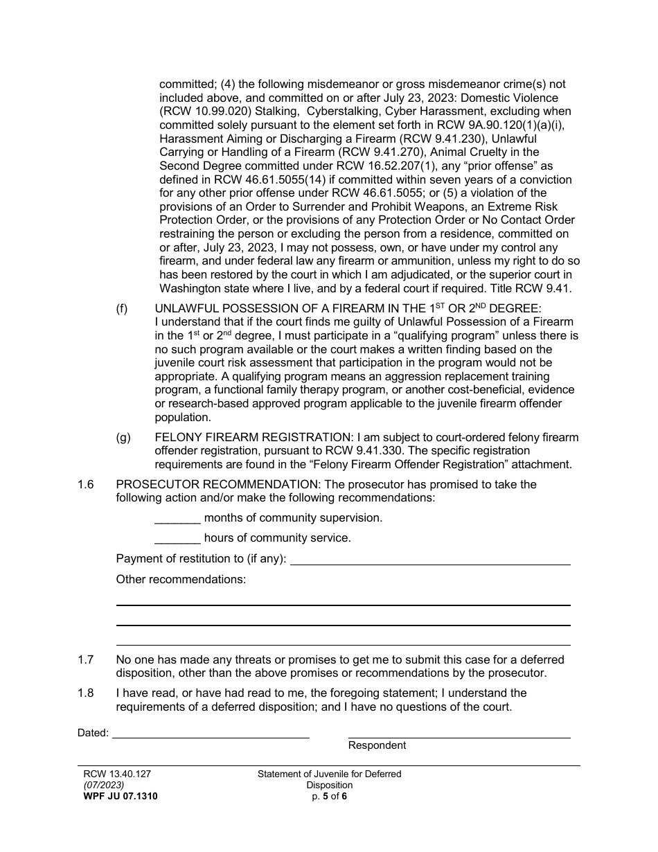 Form WPF JU07.1310 Statement of Juvenile for Deferred Disposition (Stjdd) - Washington, Page 5