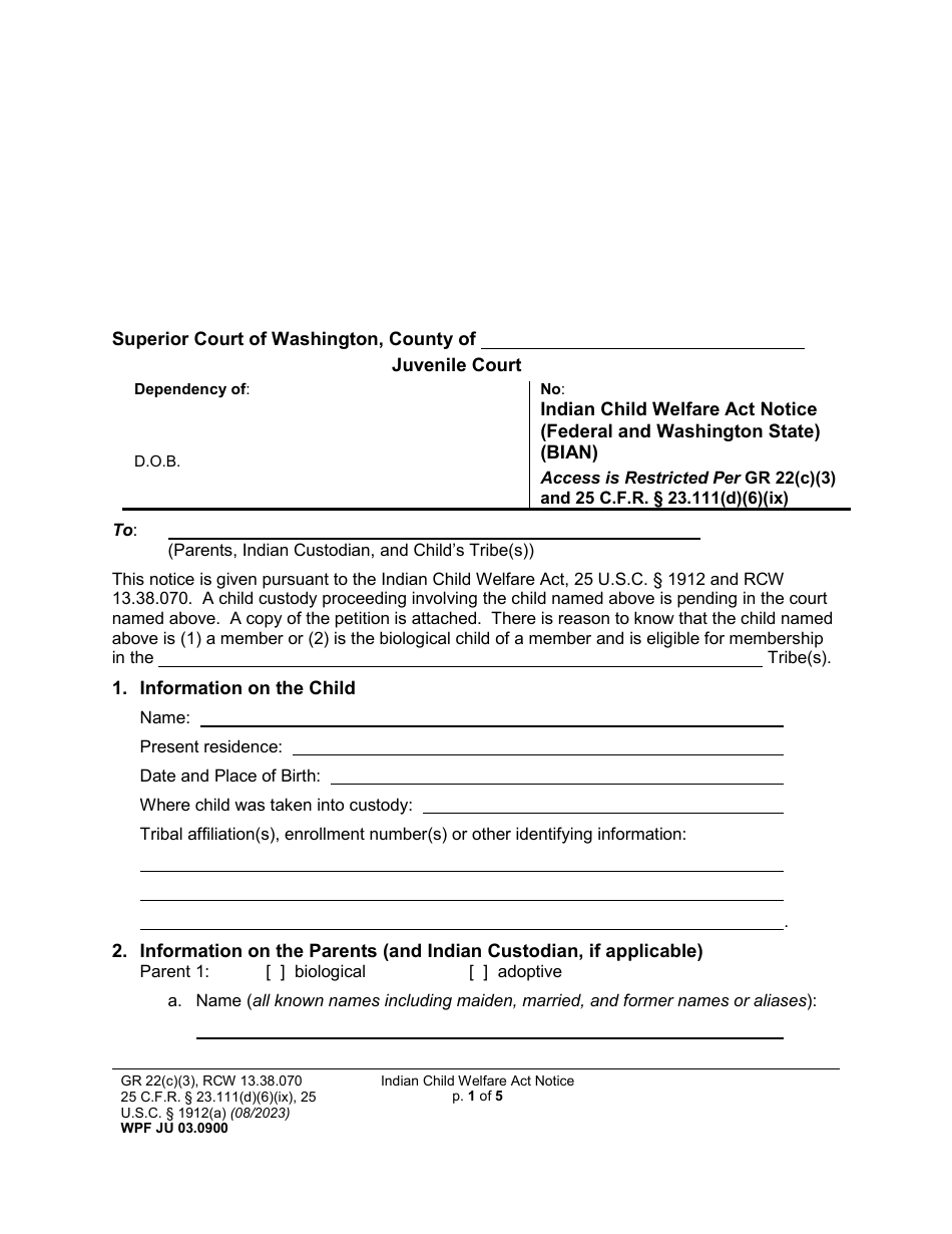Form WPF JU03.0900 Indian Child Welfare Act Notice (Federal and Washington State) (Bian) - Washington, Page 1