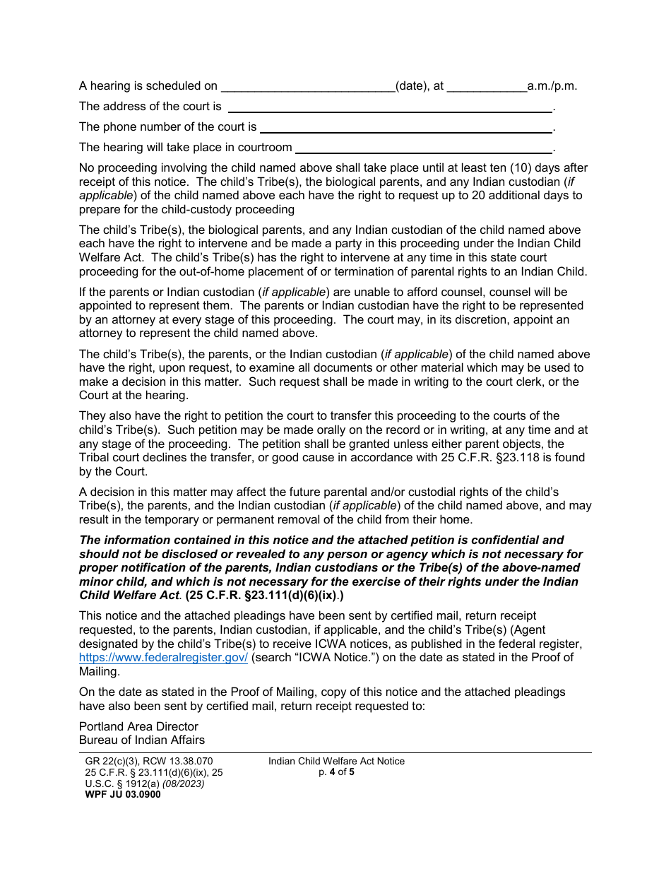 Form WPF JU03.0900 Indian Child Welfare Act Notice (Federal and Washington State) (Bian) - Washington, Page 4