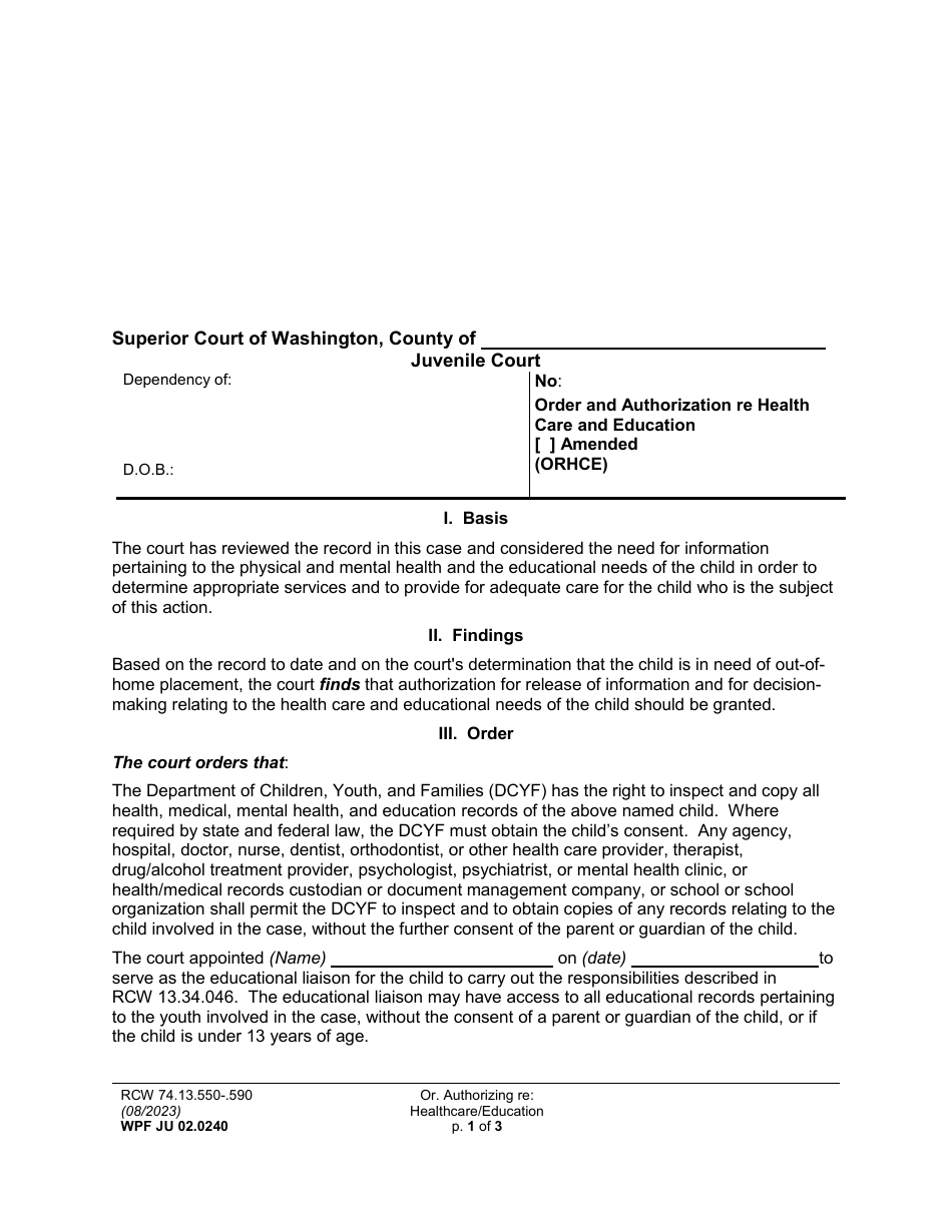 Form WPF JU02.0240 Order and Authorization Re: Health Care and Education - Washington, Page 1
