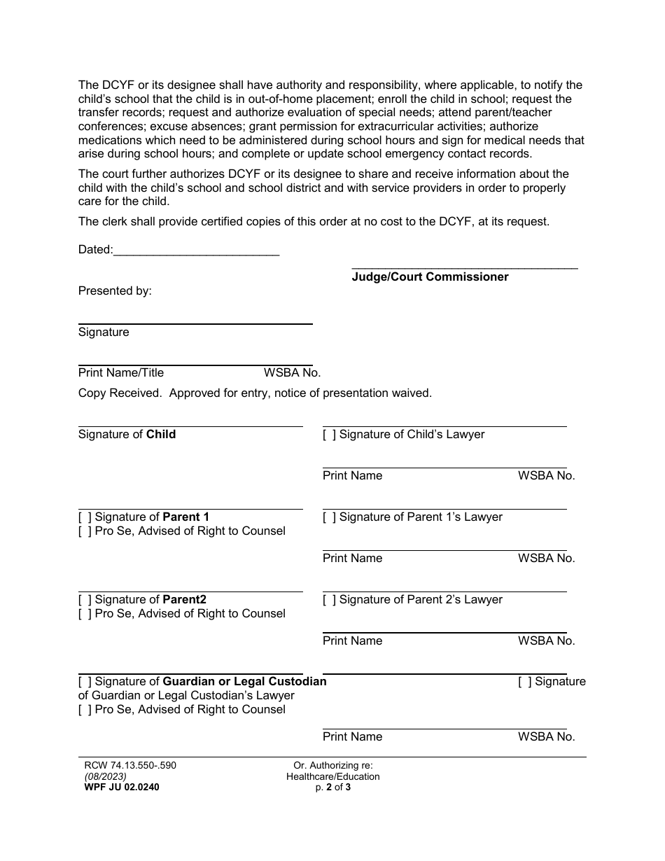 Form WPF JU02.0240 Order and Authorization Re: Health Care and Education - Washington, Page 2