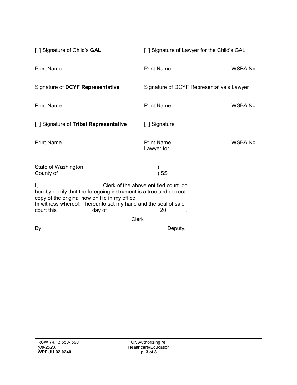Form WPF JU02.0240 Order and Authorization Re: Health Care and Education - Washington, Page 3
