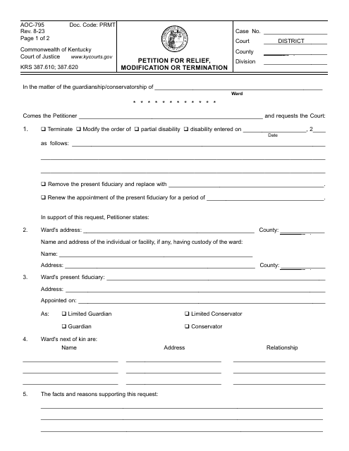 Form AOC-795 Petition for Relief, Modification or Termination - Kentucky