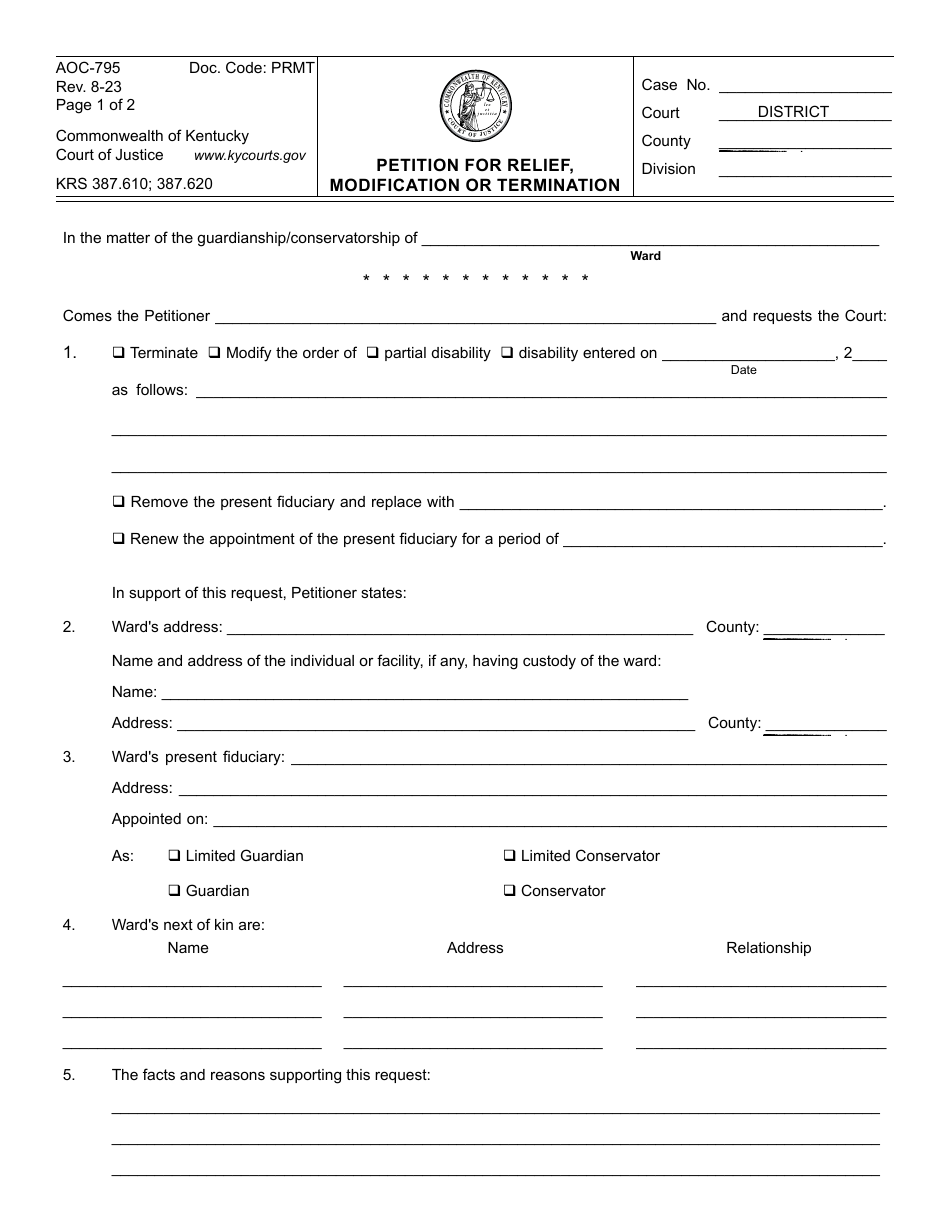 Form AOC-795 Petition for Relief, Modification or Termination - Kentucky, Page 1