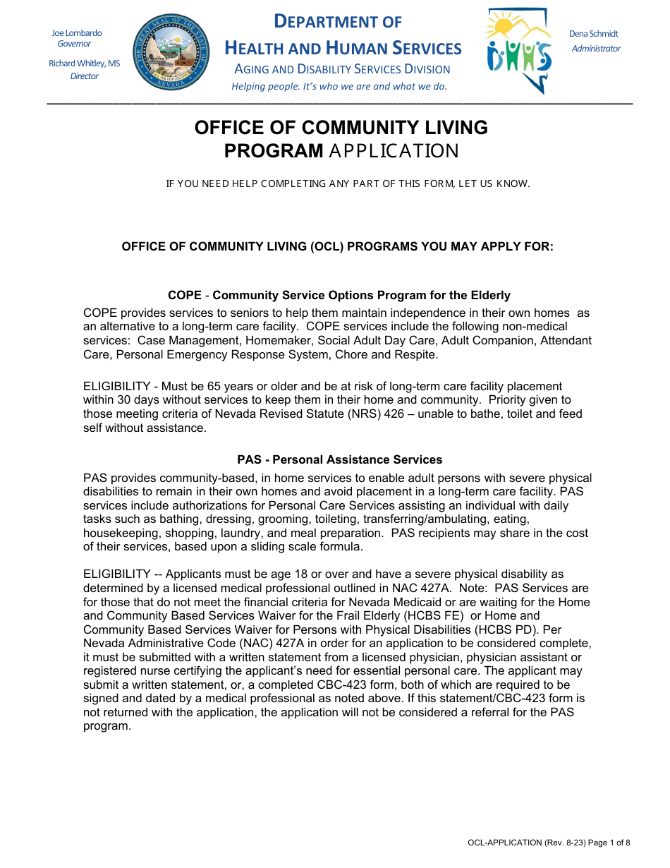 Office of Community Living Program Application - Nevada, Page 1
