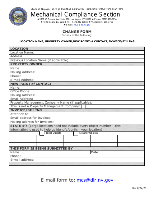 Contact Info Update Form - Mechanical Compliance Section - Nevada