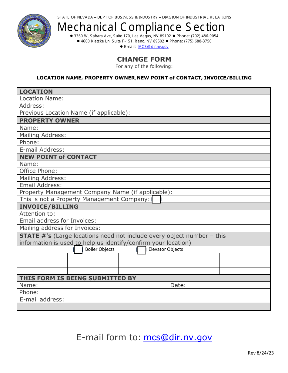 Contact Info Update Form - Mechanical Compliance Section - Nevada, Page 1