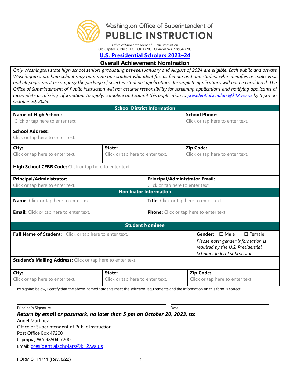 Form SPI1711 U.S. Presidential Scholars Overall Achievement Nomination - Washington, Page 1