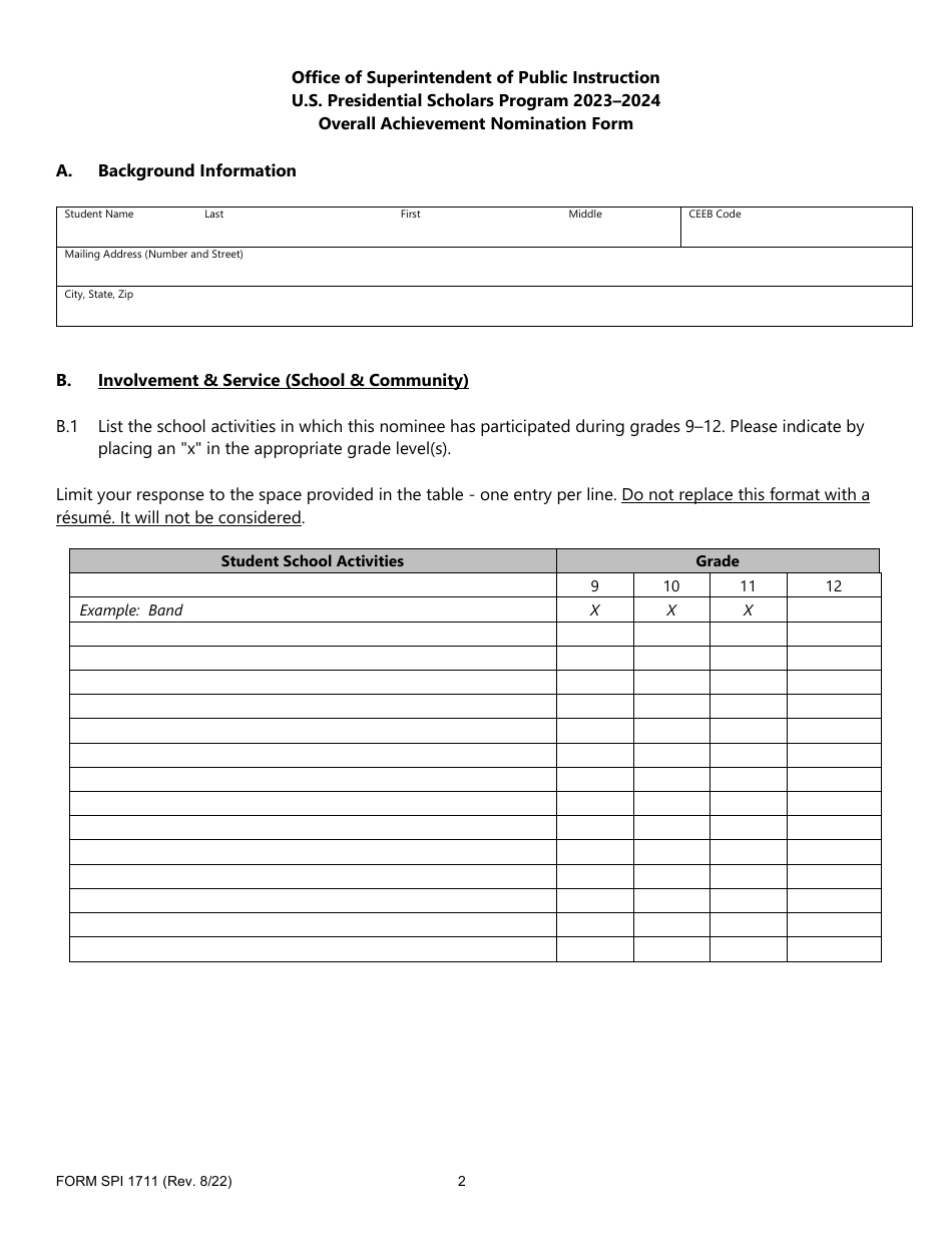 Form SPI1711 U.S. Presidential Scholars Overall Achievement Nomination - Washington, Page 2