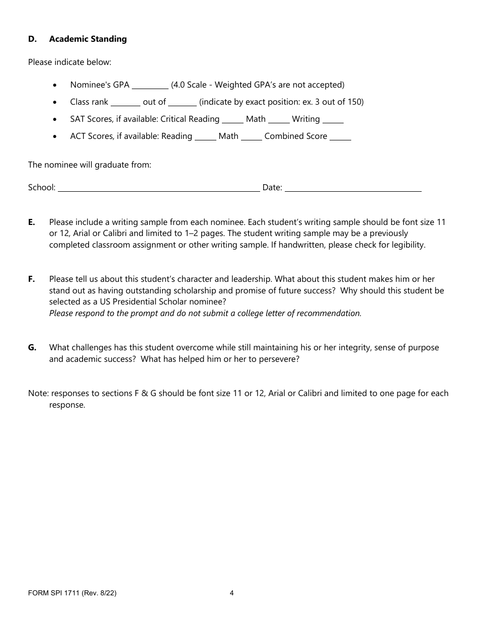 Form SPI1711 U.S. Presidential Scholars Overall Achievement Nomination - Washington, Page 4
