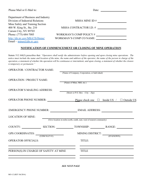 Form MO-12 Notification of Commencement or Closing of Mine Operation - Nevada