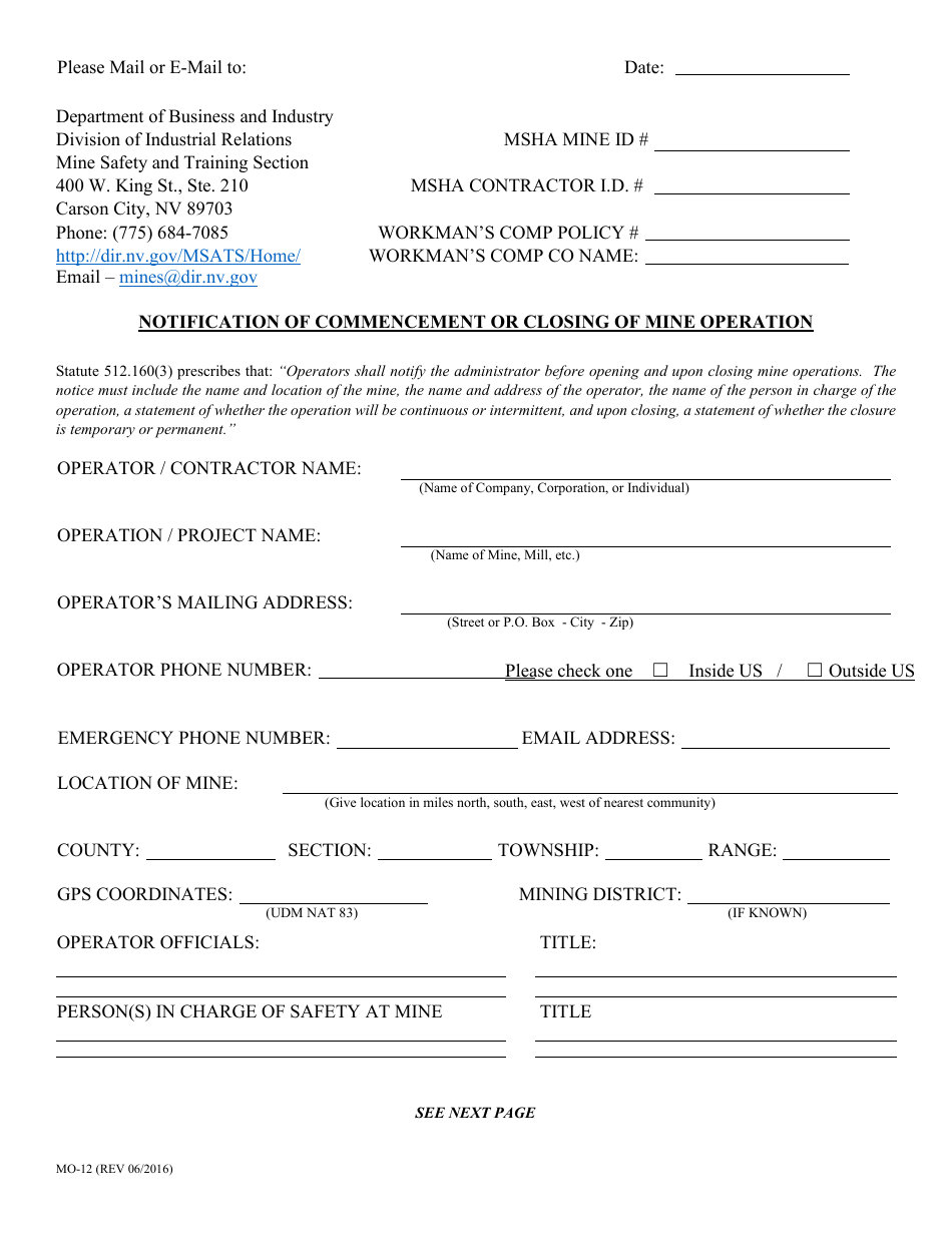 Form MO-12 Notification of Commencement or Closing of Mine Operation - Nevada, Page 1
