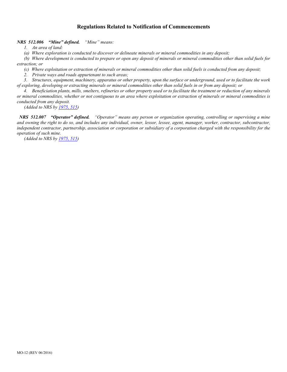 Form MO-12 Notification of Commencement or Closing of Mine Operation - Nevada, Page 3