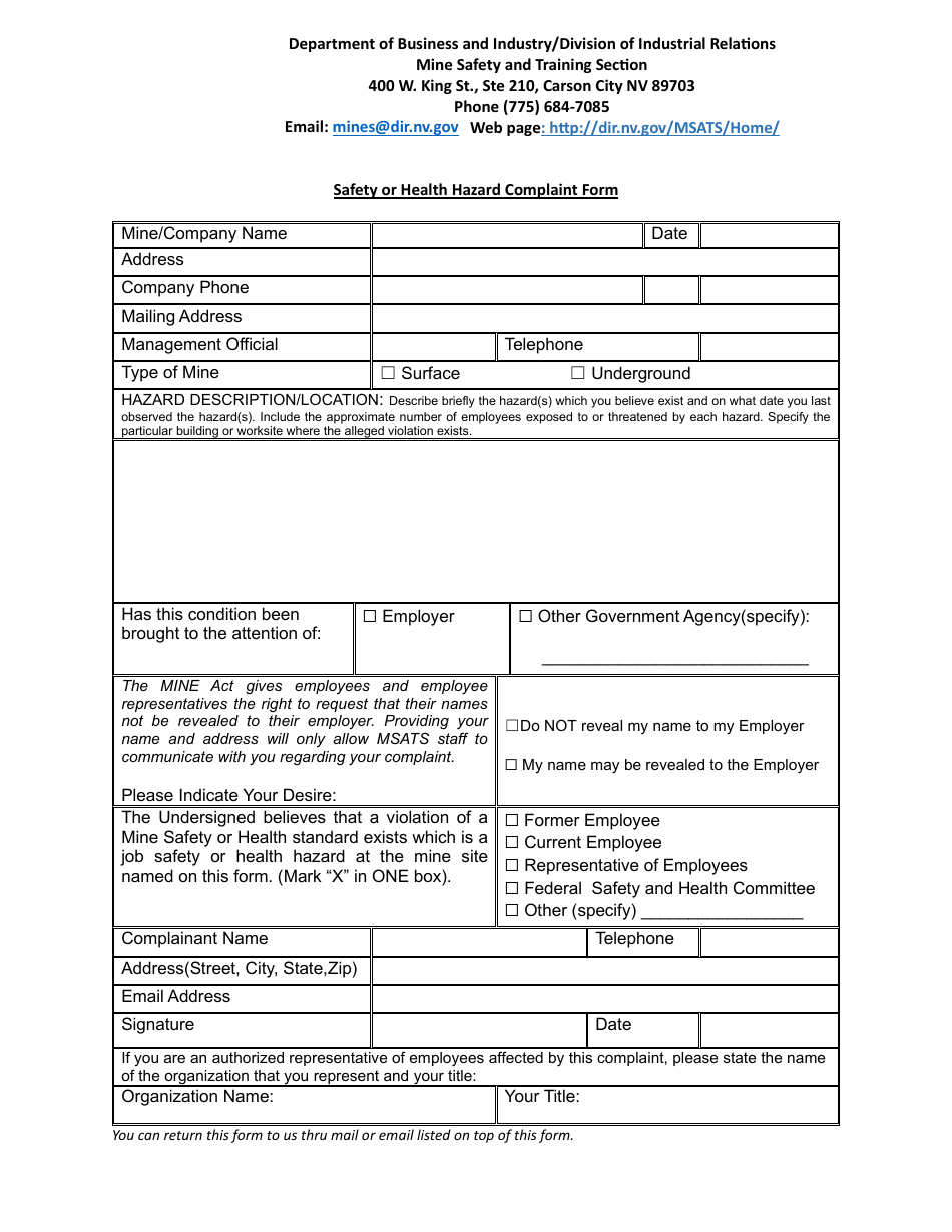 Safety or Health Hazard Complaint Form - Nevada, Page 1