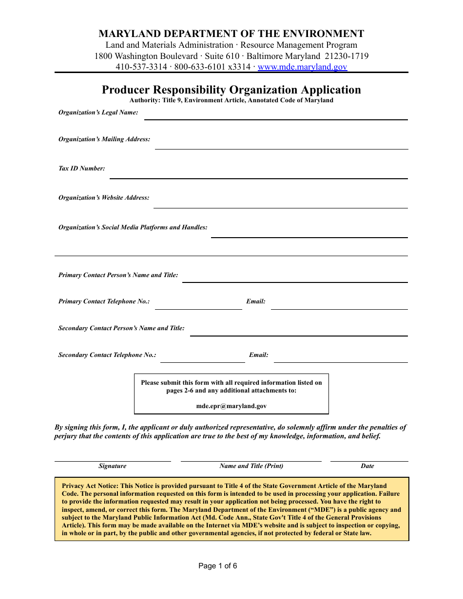 Producer Responsibility Organization Application - Maryland, Page 1