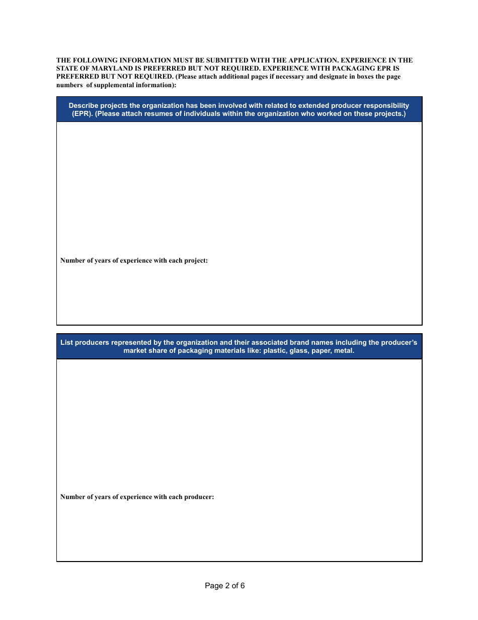 Producer Responsibility Organization Application - Maryland, Page 2