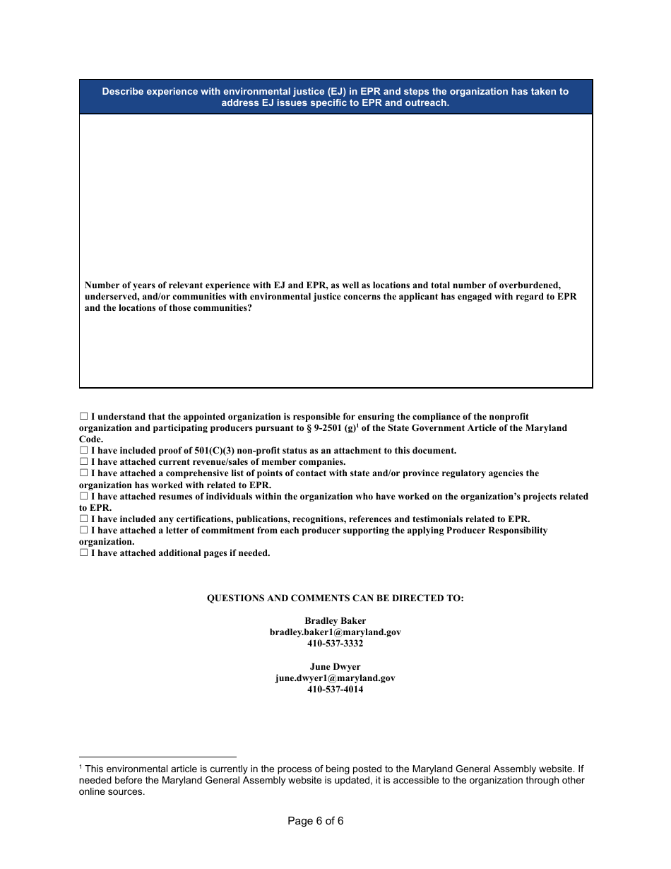 Producer Responsibility Organization Application - Maryland, Page 6