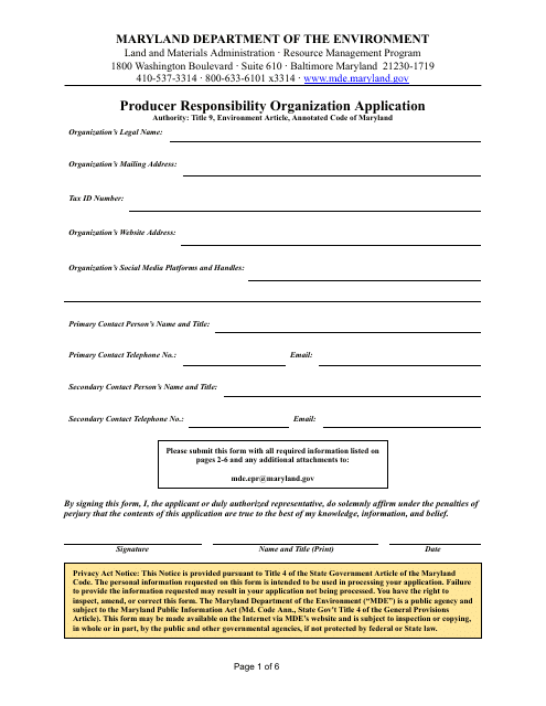 Producer Responsibility Organization Application - Maryland Download Pdf