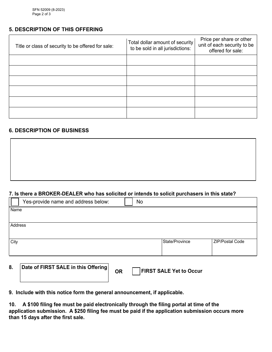 Form AIE (SFN52009) Uniform Notice of Transaction Notice of Sale of Securities Pursuant to Accredited Investor Exemption - North Dakota, Page 2
