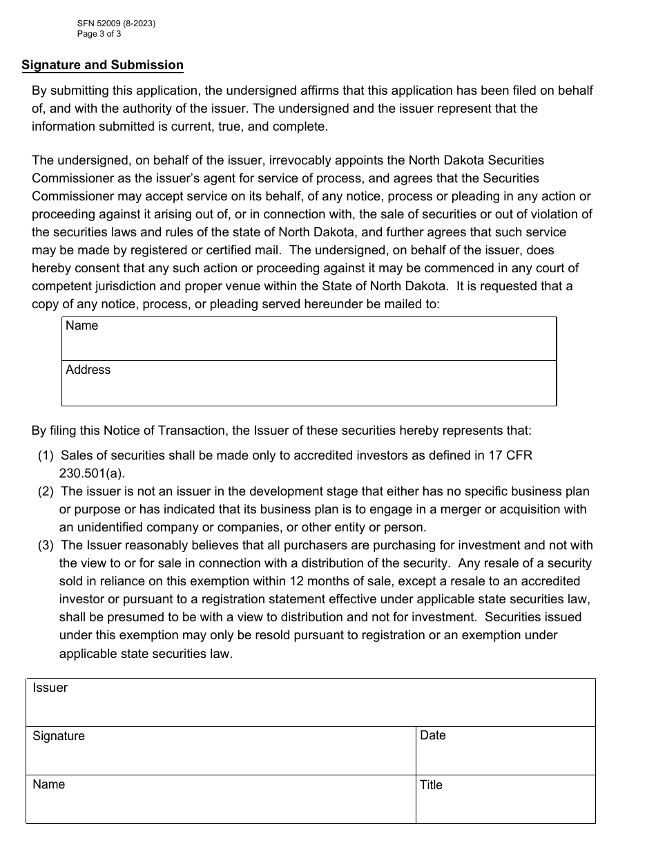 Form AIE (SFN52009) Uniform Notice of Transaction Notice of Sale of Securities Pursuant to Accredited Investor Exemption - North Dakota, Page 3